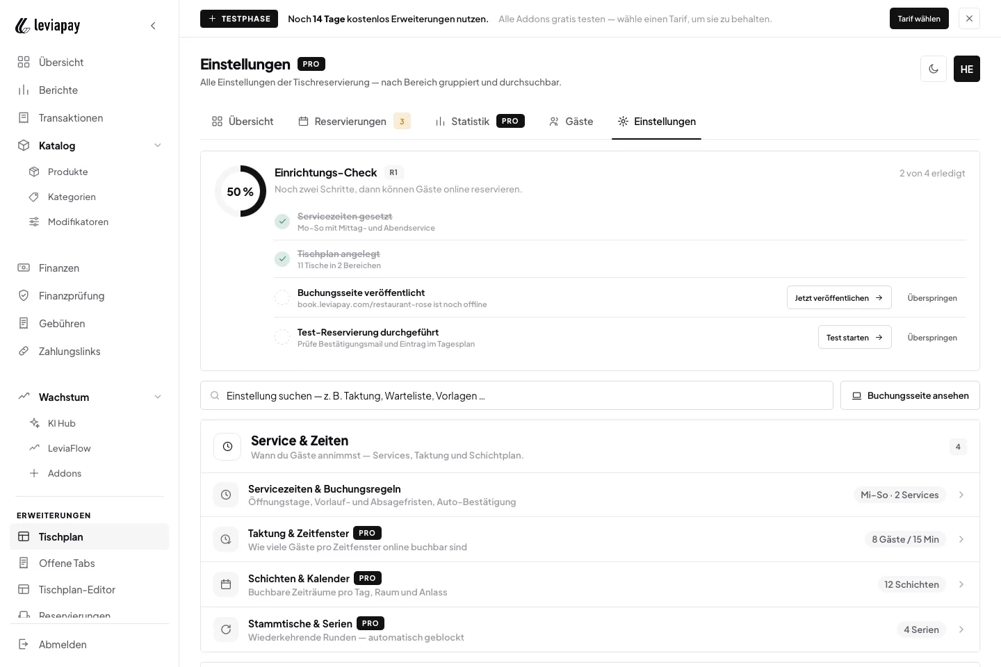 LEVIAPAY Tischreservierung — Einstellungen