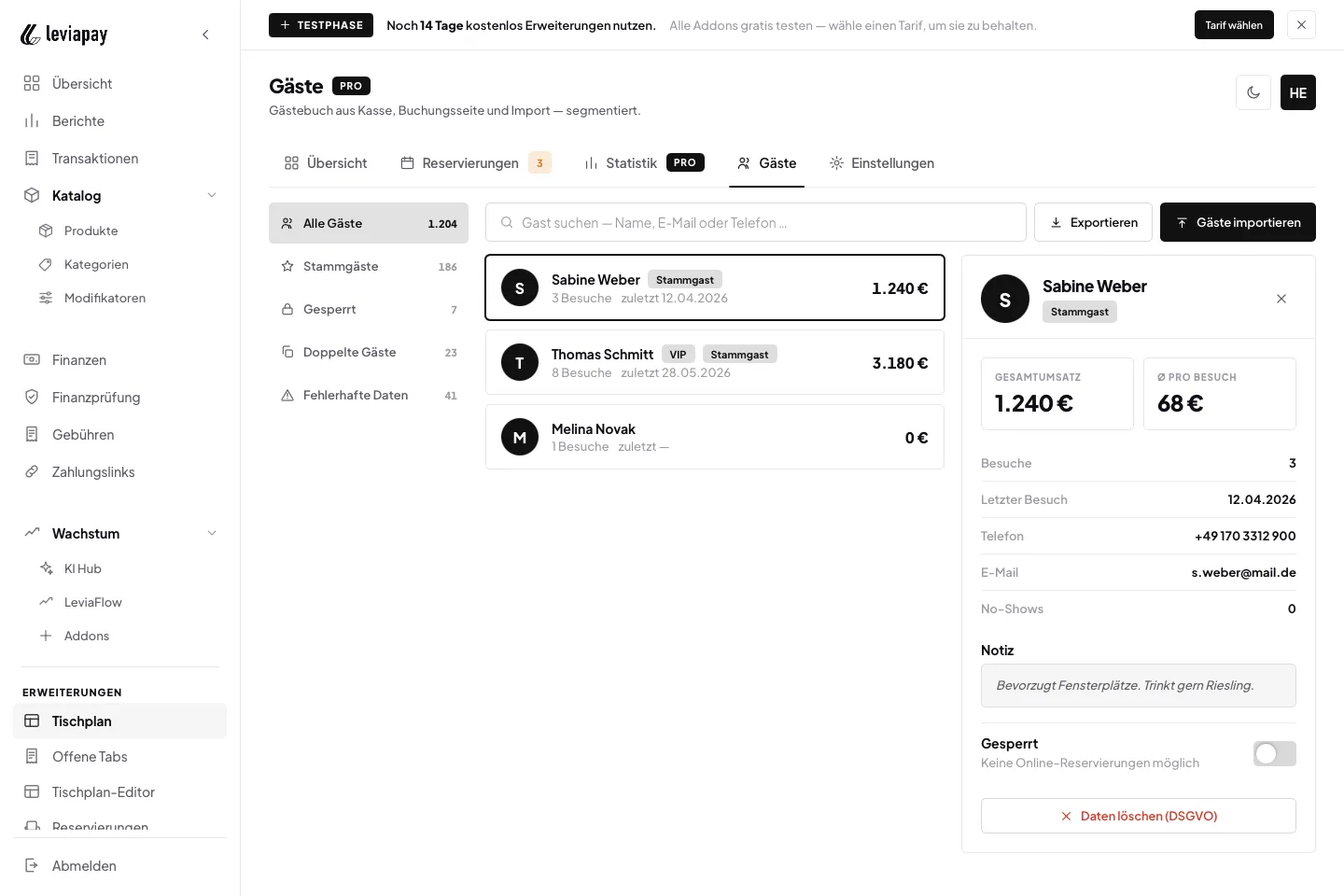 LEVIAPAY Tischreservierung — Gäste